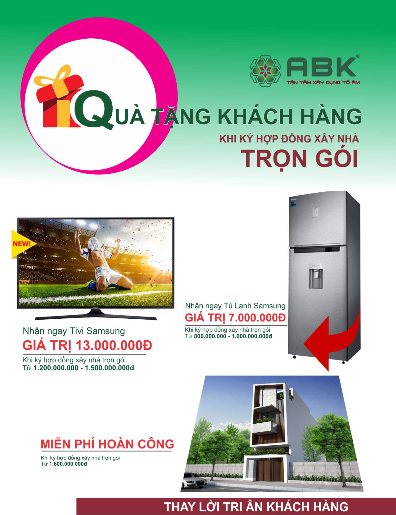 Quà tặng khách hàng khi khí hợp đồng xây dựng nhà trọn gói