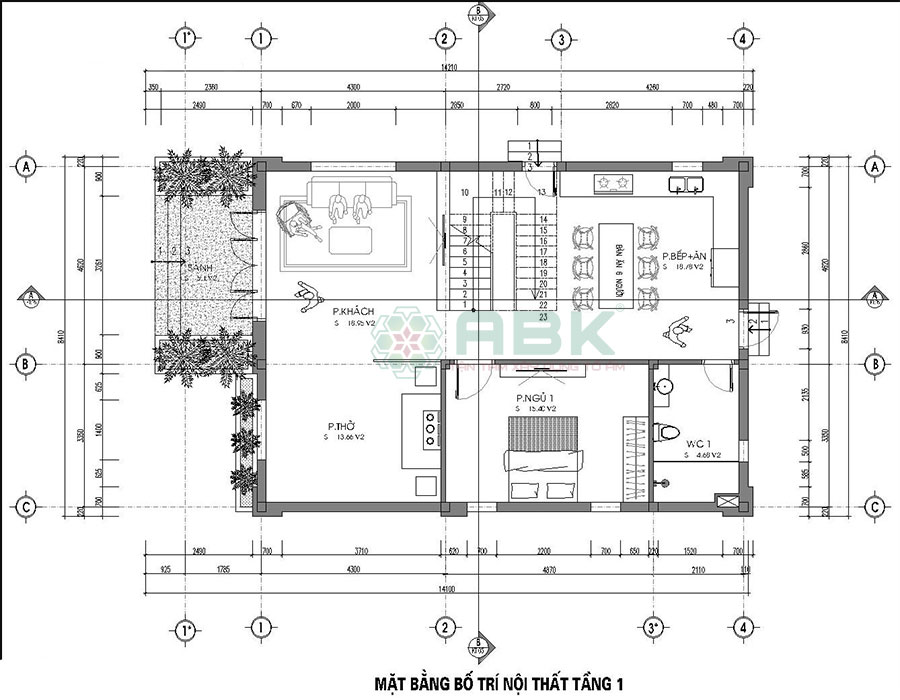 Bố trí mặt bằng nội thất tầng 1 nhà Chi Lan 2 tầng 90m2