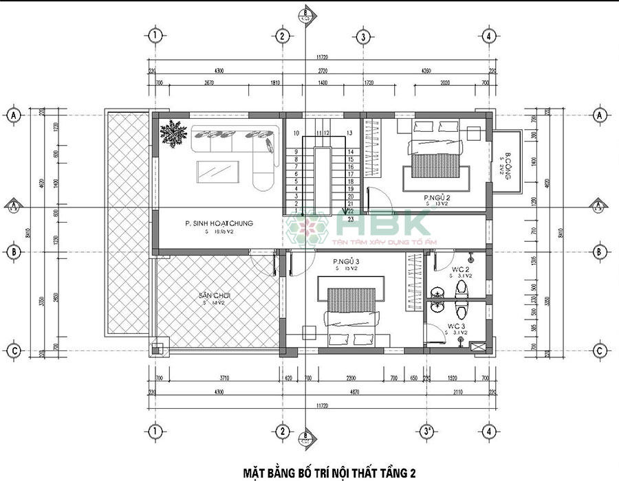 Bố trí mặt bằng nội thất tầng 2 nhà Chi Lan 2 tầng 90m2