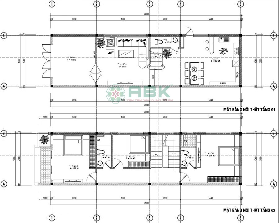 Hình ảnh bố trí mặt bằng nội thất tầng 1, tầng 2 nhà 3 tầng 100m2