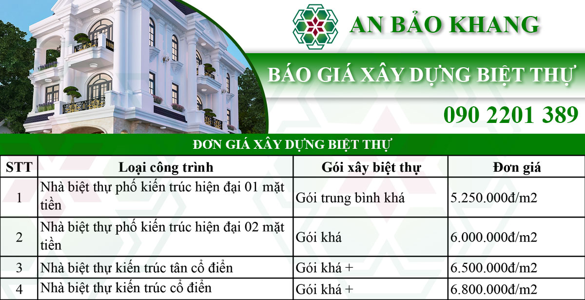 Bảng giá xây dựng biệt thự tân cổ điển