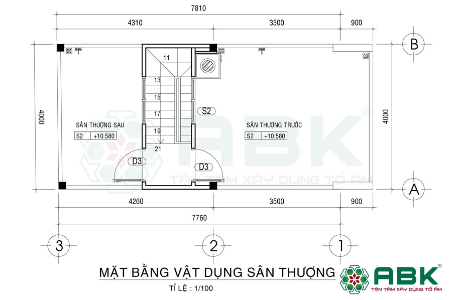 Bố trí mặt bằng vật dụng lầu 2 nhà 3 tầng sân thượng