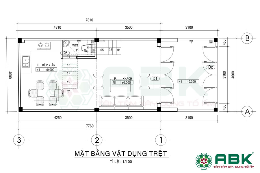 Bố trí mặt bằng vật dụng tầng trệt nhà 3 tầng sân thượng