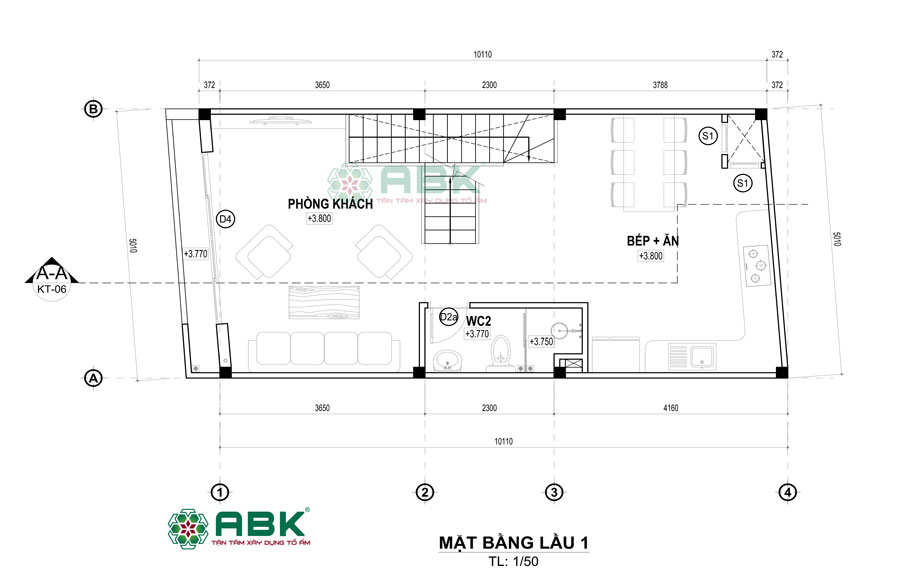 Bố trí mặt bằng lầu 1 nhà 3 tầng 50m2