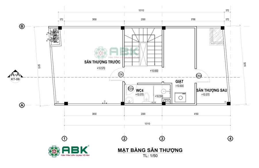 Bố trí mặt bằng sân thượng nhà 3 tầng 50m2