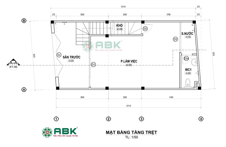 Bố trí mặt bằng tầng trệt nhà 3 tầng 50m2