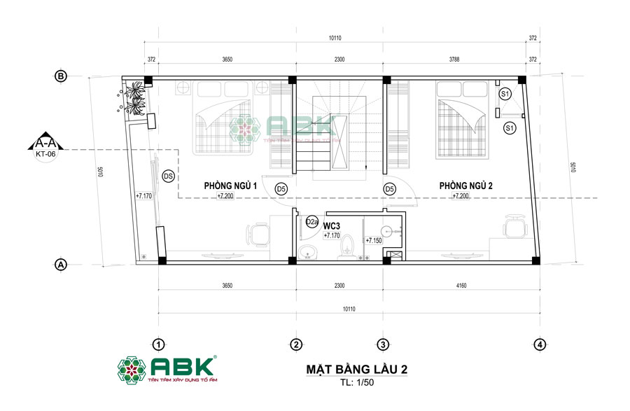 Bố trí mặt bằng lầu 2 nhà 3 tầng 50m2