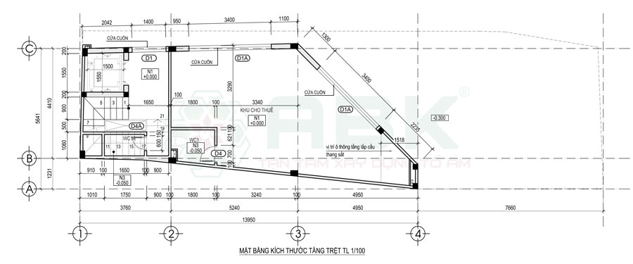 Bố trí mặt bằng nội thất tầng trệt nhà góc diện tích 4,4m x 14m