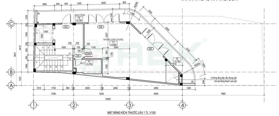 Bố trí mặt bằng nội thất lầu 1 nhà góc diện tích 4,4m x 14m