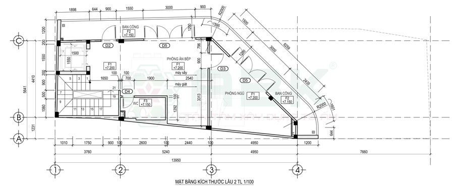 Bố trí mặt bằng nội thất lầu 2 nhà góc diện tích 4,4m x 14m