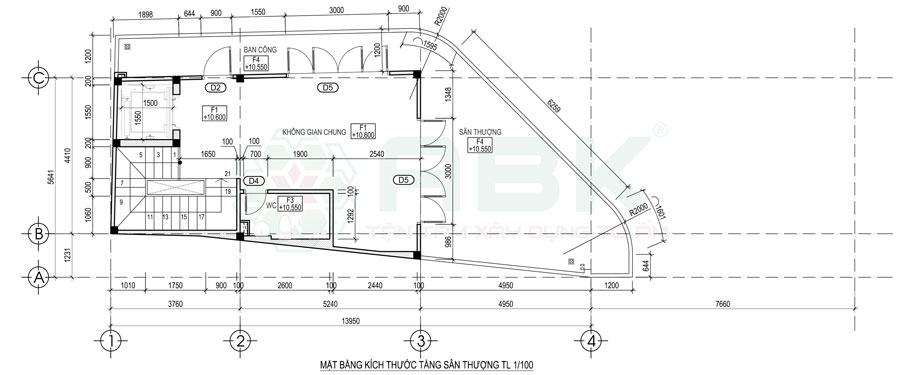 Bố trí mặt bằng nội thất sân thượng nhà góc diện tích 4,4m x 14m