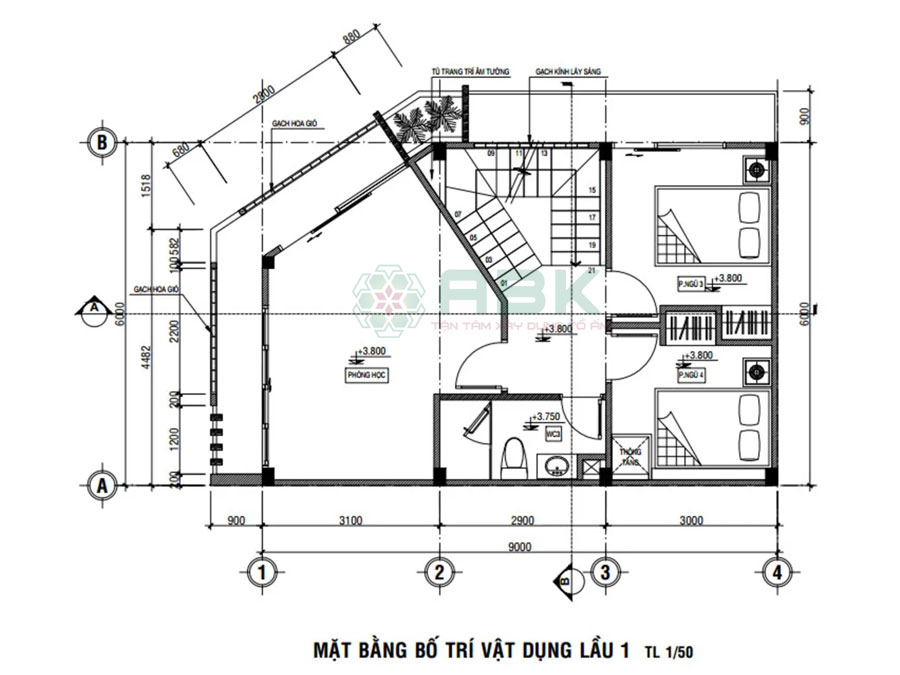 Bố trí mặt bằng lầu 1 nhà góc diện tích 54m2