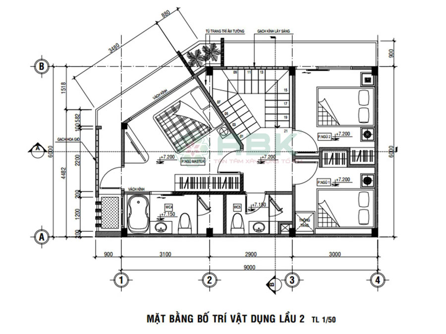 Bố trí mặt bằng lầu 2 nhà góc diện tích 54m2