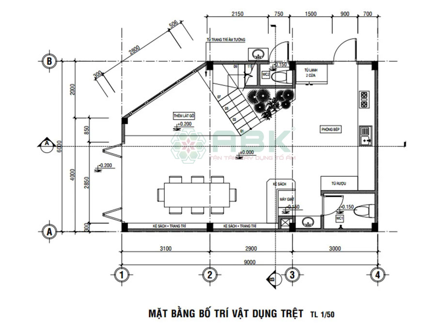 Bố trí mặt bằng tầng trệt nhà góc diện tích 54m2