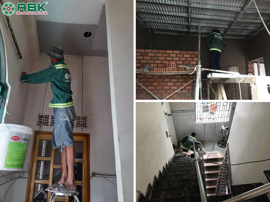 Thi công sơn bên trong nhà chị chị Mai, xây cầu thang, tô tường