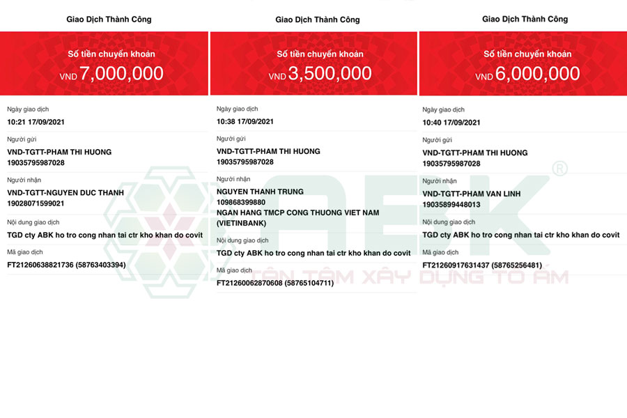 Thông tin chuyển tiền của Ban Giám Đốc ABK