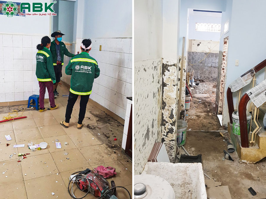 Thi công đục nền gạch cũ nhà chị Nga