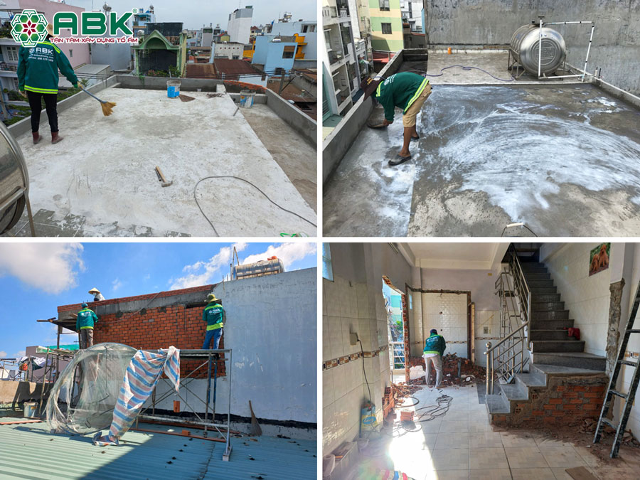 Thi công chống thấm, xây tường sân thượng, tháo dỡ nhà vệ sinh