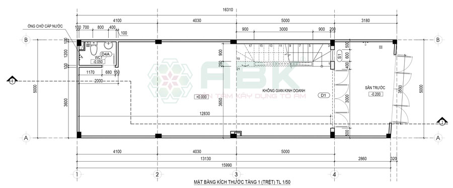 Mặt bằng tầng trệt nhà phố 4 tầng 80m2