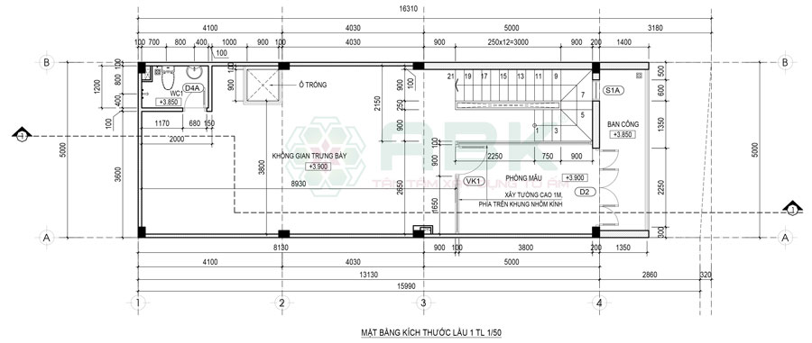 Mặt bằng lầu 1 nhà phố 4 tầng 80m2