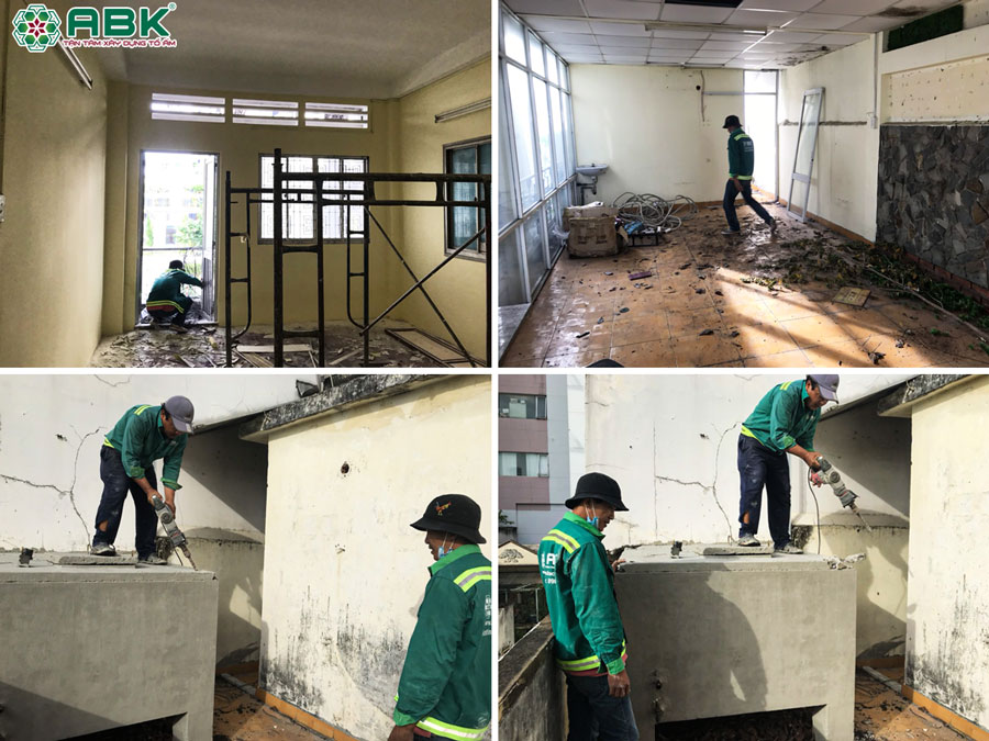Thi công phá bỏ bồn nước cũ, gỡ bỏ thảm lót nền